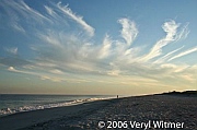 beach, sunset, seascape, wispy clouds